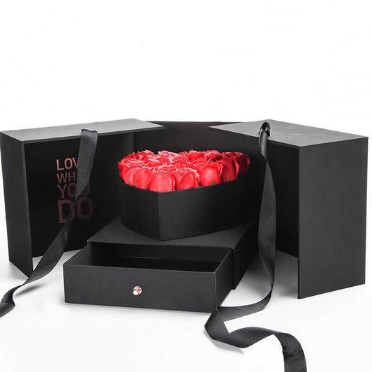 Luxury Valentine Preserved Fresh Flower DIY  Rose Round Packaging Gift Box Heart Shape Surprise Flower Box With Silk Ribbon