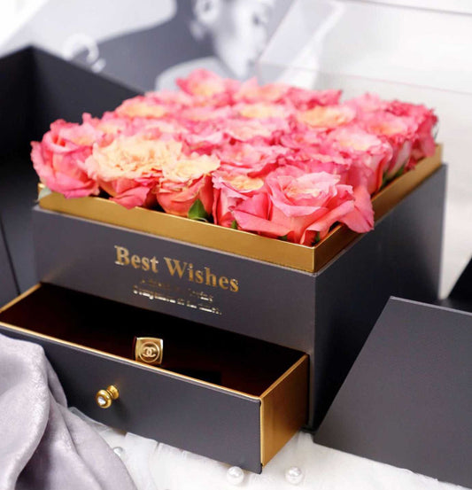 Luxury Elegant Acrylic Magic Hot Stamping Square Portable Surprise Flower Arrangement Double Door Drawer Packaging Gift Box