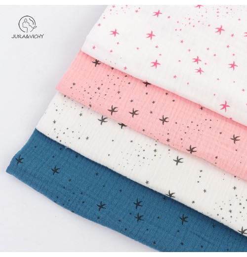 factory wholesale custom designs star print 100% Cotton Double Gauze muslin crinkle print fabric for garments and swaddles